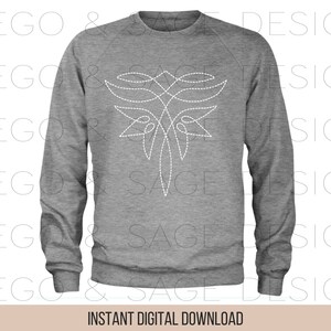 May include: A gray sweatshirt with a white, stylized design of a dragonfly on the front. The design is made up of a series of lines and curves.