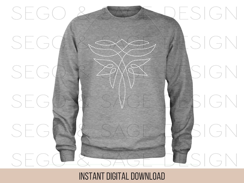 May include: A gray sweatshirt with a white, stylized design of a dragonfly on the front. The design is made up of a series of lines and curves.