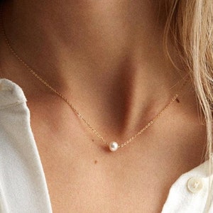 Tiny White Pearl Necklace | Gold Dainty Minimalistic Nature Circle Charm Pearl Chocker Necklace Gift Birthday For Mom For Women