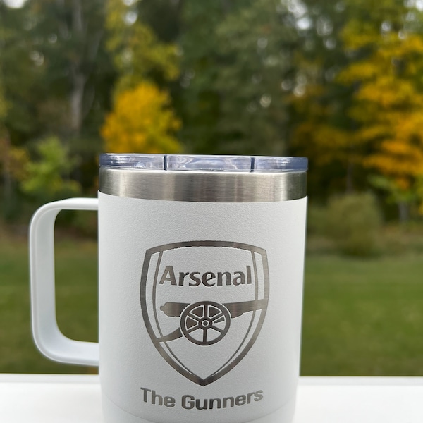 Arsenal FC Gunners EPL Laser Engraved 15 oz Polar Camel Stainless Steel Double-Walled Coffee Mug Football Fan Soccer Fan Gift Sports Fan Mug