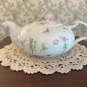 Vintage Hand & Heart Teapot Pink Rose, Butterfly, Rosebud and Dragonfly Teapot