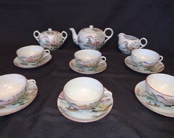 Vintage Hand Painted Moriage Tea Set Made in Japan 6 Cups and saucers, Teapot, Sugar and Creamer