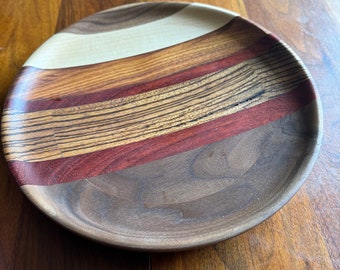 Mahogany, Zebrawood, Walnut, Paudauk, & Maple 10-1/2" salad bowl or serving platter. Hand turned from hardwoods