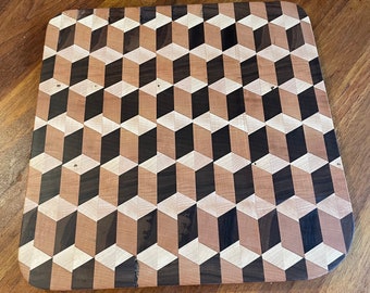 Cutting/Charcuterie Board of Black Walnut, Maple and Cherry (edge & end grains) optical illusion pattern