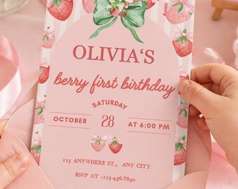 Strawberry First Birthday Invitation Template, Berry First Birthday Invitation, Pink Strawberry Birthday Invitation, Editable Digital Invitation