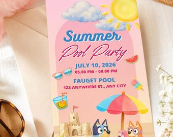 Editable Kids Birthday Invitation Template – Pool party Cute Bluey & Bingo Theme