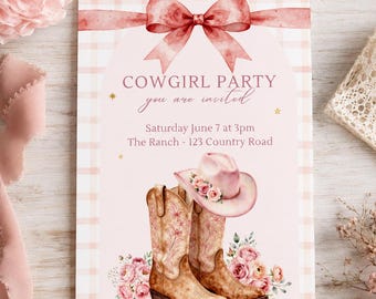 Cowgirl Party Invitation Template, Pink Western Birthday Invite, Editable Girls Rodeo Party Invite, Boots and Bow Cowgirl Birthday Invitatio