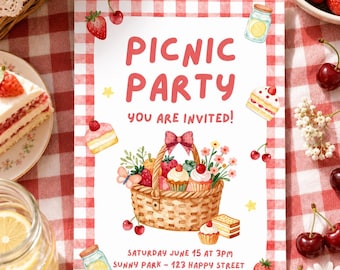 Picnic Party Invitation Template, Strawberry Birthday Invite, Editable Summer Picnic Party Invitation, Gingham Picnic Birthday Invitation