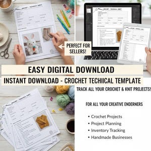 Pode incluir: Um modelo digital para projetos de crochê e tricô, mostrado em um laptop, tablet e folhas impressas. A imagem inclui texto como "Download digital fácil" e "Acompanhe todos os seus projetos de crochê e tricô!"