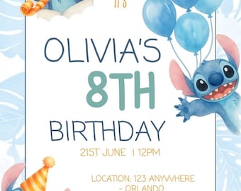 Editable Stitch Birthday Invitation Template | Kids Birthday Invitation | Blue Party Invitation | Instant Download Canva Template | Personalized