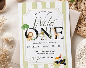 Wild One Birthday Invitation, Safari First Birthday Invite, Jungle Animal Birthday Party, Editable Canva Template, Boy 1st Birthday Digital