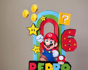 Custom Super Mario Birthday Cake Topper with Name & Age | Personalized Mario Party Decoration | Handmade Cake Topper