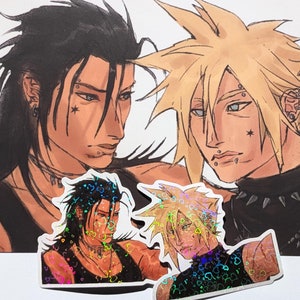 May include: A digital illustration of three anime characters. The characters are drawn in a manga style with black hair, blonde hair, and black hair. The characters are wearing black clothing with silver accents. The characters are looking at the viewer.