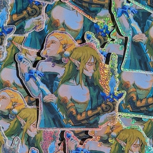 以下が含まれることがあります： ゼルダの伝説ビデオゲームシリーズのキャラクターをフィーチャーしたホログラフィックステッカーのセット。ステッカーは透明な背景にグリッター仕上げで印刷されています。キャラクターには、リンク、ゼルダ、ガノンドロフが含まれます。