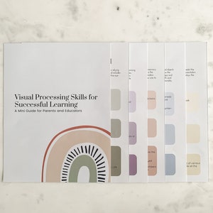 May include: A colorful rainbow graphic with the text "Visual Processing Skills for Successful Learning" and "A Mini Guide for Parents and Educators". The graphic is divided into sections with different colors and text describing visual processing skills.