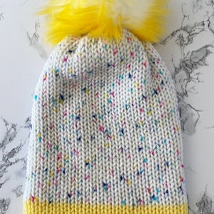 Yellow &quot;Confetti&quot; Beanie &quot;TikTok Inspired&quot; with Removable Pom Pom. Adult Size. FREE Shipping