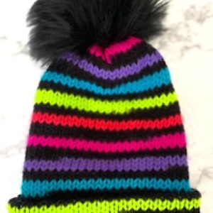 Neon Stripes &quot;TikTok Inspired&quot; Beanie with Removable Pom Pom. Adult Size. FREE Shipping