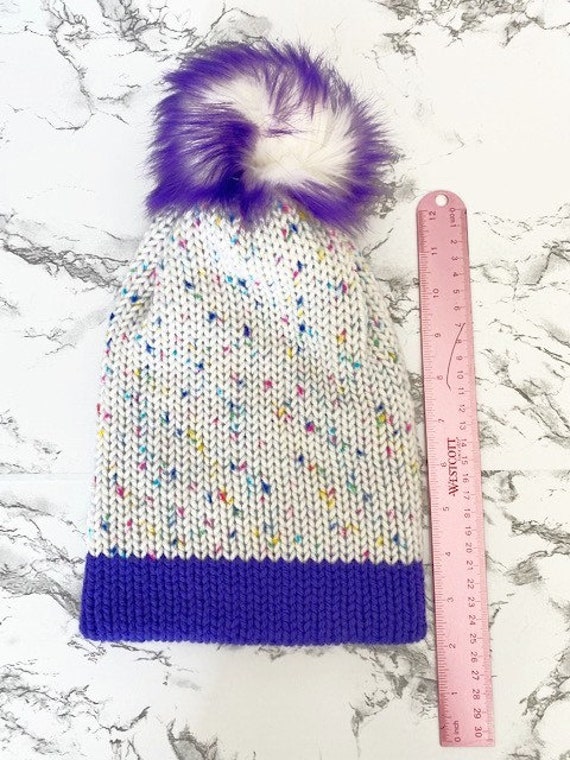 Confetti Beanie | Hat with Pom Pom | White | Pink | Multi-color confetti beanie + coral xl pom – Mischa Lampert main image 2