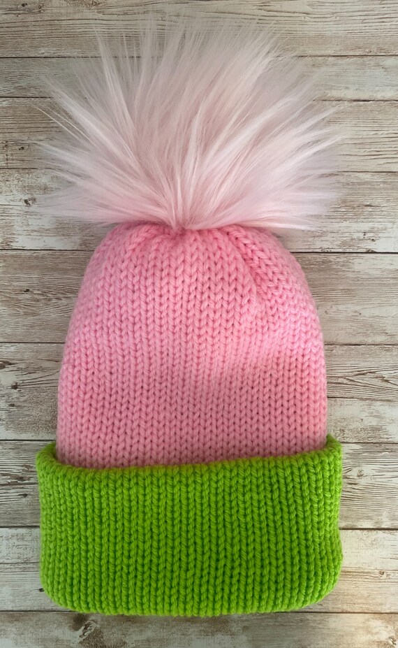 Pink and Green Pom Pom Beanie Hit The Slopes Pom Hat - Green & Pink – Panache Apparel  main image 2