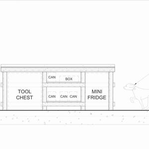May include: A black and white line drawing of a workbench with shelves. The workbench has a tool chest, a mini fridge, and storage for cans and a box. A person stands to the left of the workbench and a dog runs to the right. The text "BUILDING COMPANION" is written above the dog.