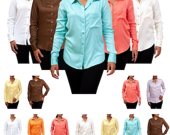 Ladies Long Sleeve Classic Button Up Plain Blous Shirt, Women's Formal Shirt for Office Work Business Tops with Pocket