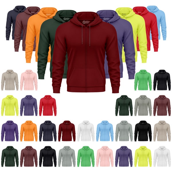 Men's Regular Fit Adult Full-Zip Up Hoodie, Plain Long Sleeve Zipper Hooded Sweatshirt Fleece Sports Jumper Casual Hoody Top with Pockets