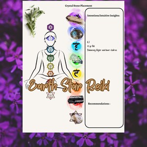 May include: A white graphic with the words "Earth Star Reiki" and a diagram of a person with chakra symbols. The image includes text that says "Crystal Stone Placement" and "Intentions/Intuitive Insights:" with the name "AJ" and age "45 yr Old".