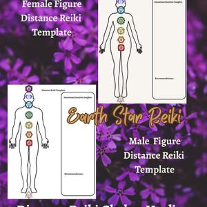 May include: Printable Distance Reiki Chakra Healing Board Templates. The image features two templates, one for a female figure and one for a male figure, with chakra symbols and space for intentions and recommendations. The background is a blurred purple floral pattern.