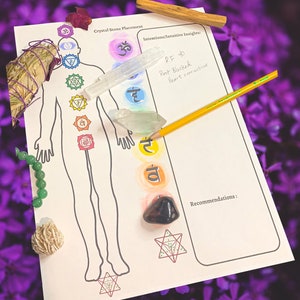 Puede incluir: Una hoja de papel blanca con un diagrama del cuerpo humano con siete chakras, cada uno de un color diferente. Los chakras están etiquetados con símbolos sánscritos. Hay cristales colocados en los chakras y un palo de incienso en la esquina superior izquierda. El papel también tiene el texto "Crystal Stone Placement" y "Intentions/Intuitive Insights: RF 40 Root Blocked Heart overactive" y "Recommendations:"