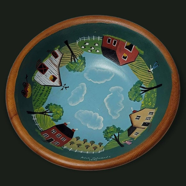 Hand painted wood bowl folk art Adah Edwards, 1990, farm scenes