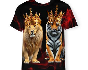 Majestic Lion / Tiger King, New Men's / Women's T-shirt, Front and Back Image Print Tee, All Over Print. (AOP) Eye Catching-Head Turning Top