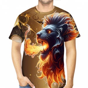 Fire Breathing Lion Head-Face, Men’s New T-shirt, Front and Back Image, All Over Print (AOP) Head Turning 3D Big Cat Tee with flames.