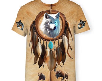 Atrapasueños, camiseta nueva para hombre/mujer, con lobo blanco, estampado frontal y posterior, llamativa y con estampado integral (AOP)