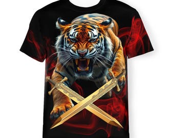 Charging Tiger King, New Men's/Women's T-shirt, Front and Back Image Print Tee, All Over Print. (AOP) Head Turning-Eye Catching Top.