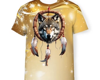 Atrapasueños con lobo, camiseta unisex, arte indígena americano en la parte delantera y trasera, estampado completo, camiseta para hombre/mujer