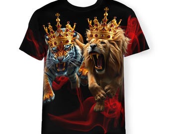 Roaring Lion / Tiger King, New Men's / Women's T-shirt, Front and Back Image Print Tee, All Over Print. (AOP) Eye Catching-Head Turning Top.