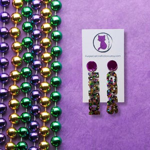 Mardi Gras Glitter Acrylic Dangle Earrings: Carnival Statement Jewelry