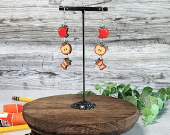 Apple Dangle Earrings: Laser-Cut Red Apples, Stainless Steel Hooks