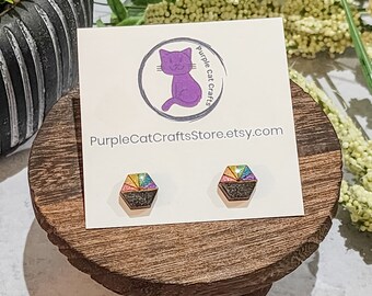 Rainbow Glitter Hexagon Stud Earrings: Hand-Painted Wood, Hypoallergenic