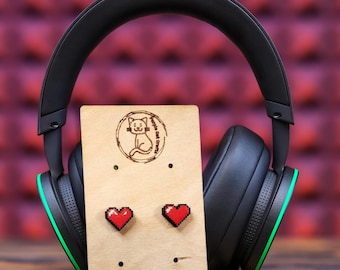 Gamer Stud Earrings: Hand-Painted Wood "1 Life" Retro Game Jewelry