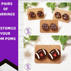 Cheer & Football Stud Earring Set: Hand-Painted Wood, Game Day Jewelry