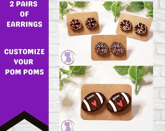 Cheer & Football Stud Earring Set: Hand-Painted Wood, Game Day Jewelry