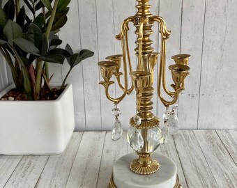 Gold Tone Metal Glass and Marble 6 Arm Candelabra with Round Claw Foot Base REDUCED Read Description