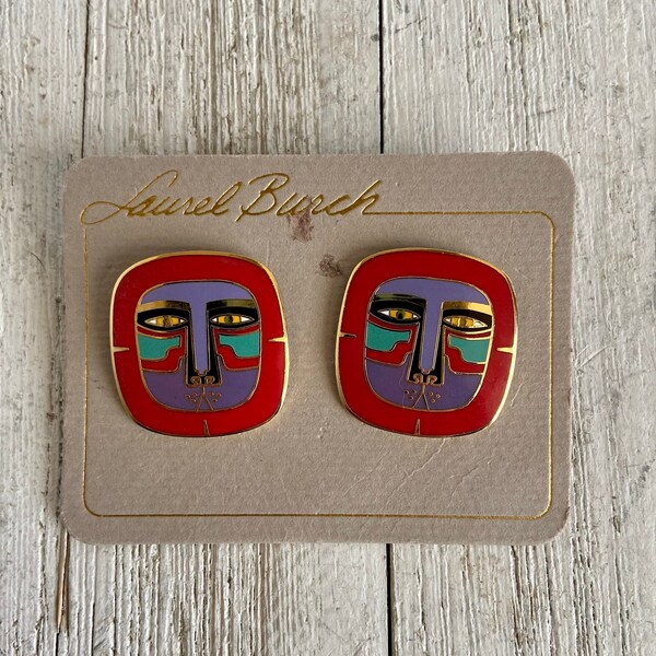 Vintage Laurel Burch Earrings "Mayan Lion" Stud Earrings from the 1980s Red Purple Green Teal Gold