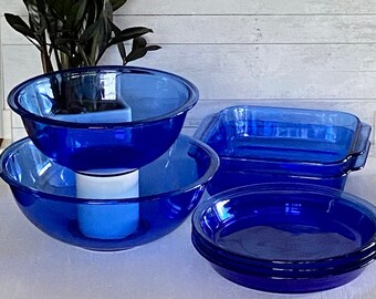 Blue Glass Pyrex Mixed Pieces, Replacement Pieces, Vintage Glass Cobalt Blue Mixing Bowl, Pie, Loaf, Baking Square Pan