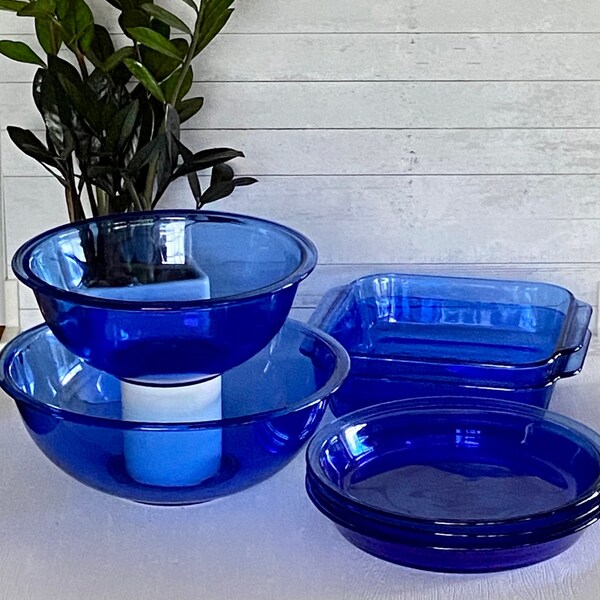 Blue Glass Pyrex Mixed Pieces, Replacement Pieces, Vintage Glass Cobalt Blue Mixing Bowl, Pie, Loaf, Baking Square Pan