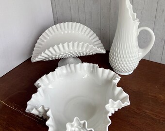 Vintage Fenton Hobnail Milk Glass Pitcher, Candle Bowl, and Banana Stand Fruit Dish