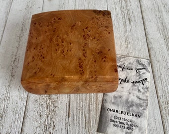 Vintage Maple Burl Box by Charles Elkan, Silver Splinter Wood Artifacts