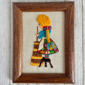 Vintage Crewel Embroidery Girls Framed Art Girls Wall Hanging