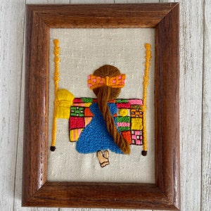 Vintage Crewel Embroidery Girls Framed Art Girls Wall Hanging